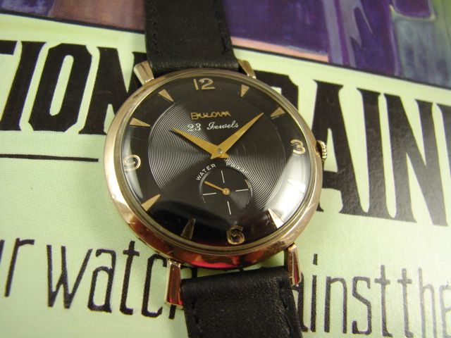 BOLD BLACK BULOVA 23j 10kRGP MEN VINTAGE EXPLORER WATCH  