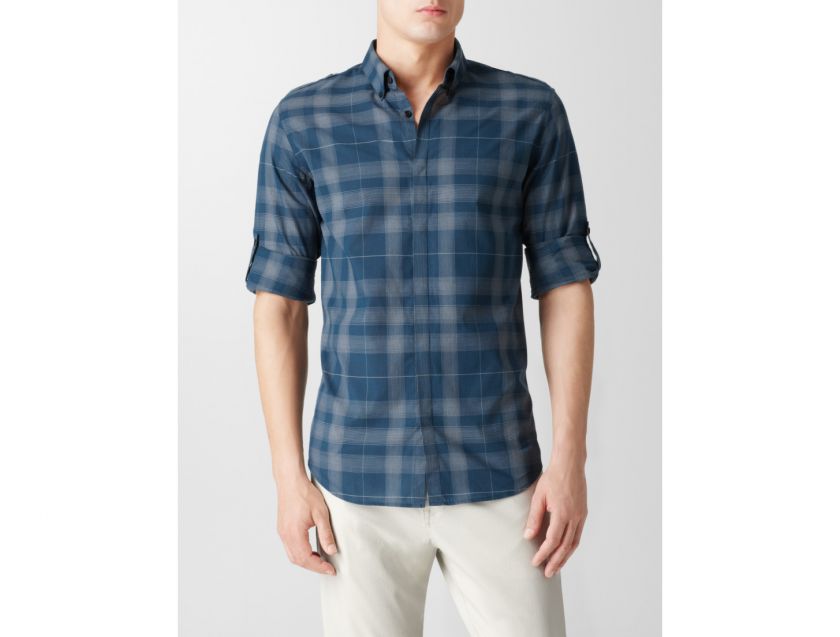 calvin klein window plaid roll up sport shirt mens  