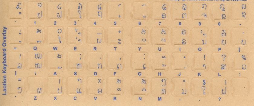 Lao Keyboard Stickers with Reverse Print Blue Letters  