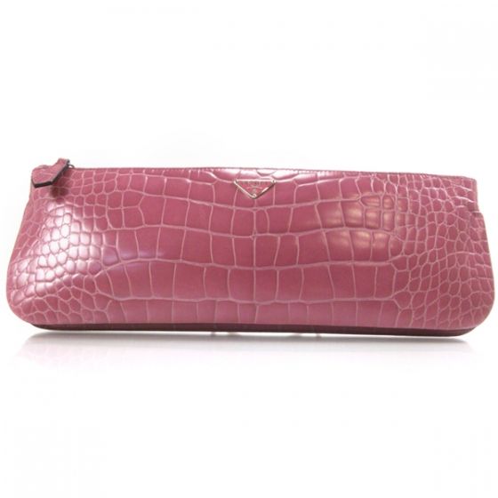 PRADA Crocodile Embossed Logo Clutch Bag Purse Black  