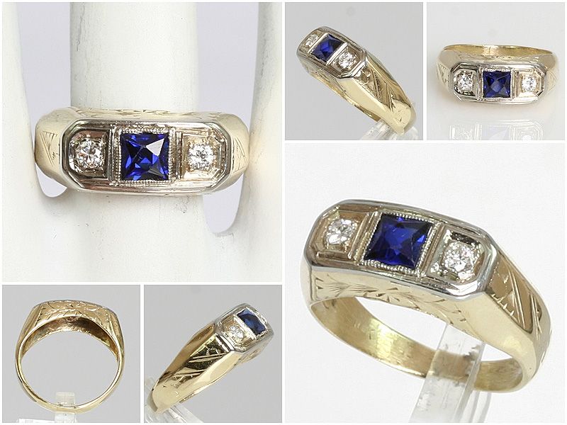   White Gold Princess Cut Sapphire & Diamond Antique Estate Ring  
