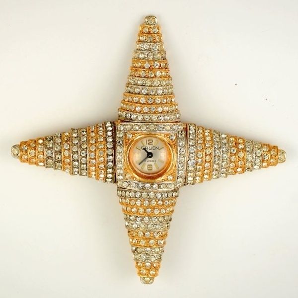 Vintage K.J.L. Pave Brooch Watch Pendant Gruen Unique  
