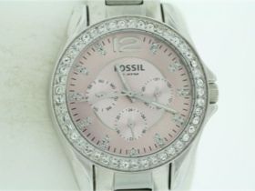   Fossil Stainless Steel Pink Dial Crystal Bezel Accent Watch  