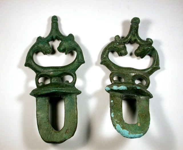 PAIR OF ROMAN BRONZE CHARIOT DECORATIONS  