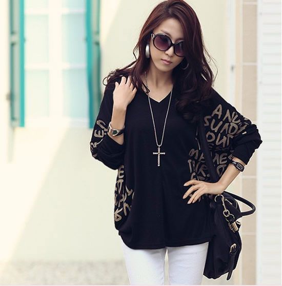   Batwing Dolman Short Sleeve Letter Prints Tops Blouses T Shirts  