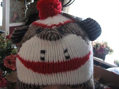 SOCK MONKEY SKI BOMBER STYLE KNIT HAT W/POLY FLEECE LINING ADULT OSFM 