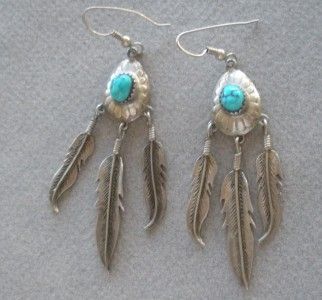 Navajo signed silver earrings w/ 3 feathers, turquoise  