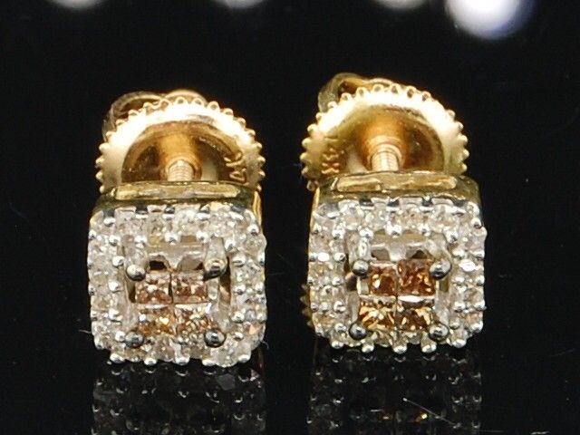   GOLD BROWN PRINCESS CUT CHOCOLATE DIAMOND EARRINGS STUDS .30CT  