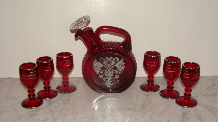 PADEN CITY STERLING OVERLAY DECANTER SET RUBY RED  