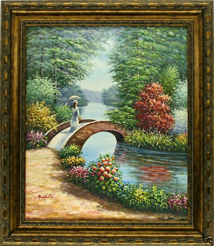   Woman River Lush Floral Garden Bridge FRAMED OIL PAINTING  