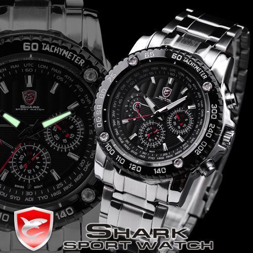 New SHARK Black 42MM Big Case 6 Hands 3 Dial Steel Quartz Sport Wrist 