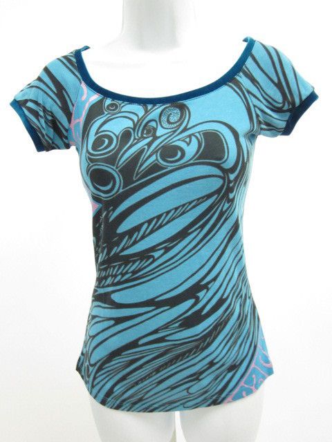 CUSTO BARCELONA Blue Black Print Cotton T Shirt Top 1  