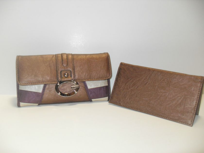 NWT GUESS PAPARAZZI BROWN MULTI CHECKBOOK WALLET LQQK  