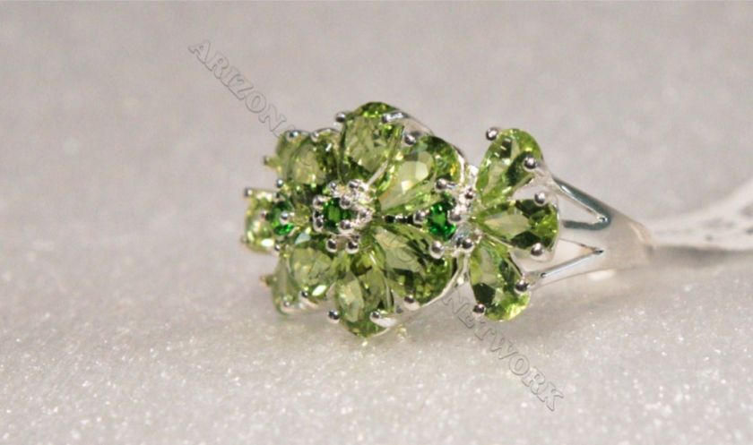 ACN♥ PERIDOT & CHROME DIOPSIDE 3 FLOWER .925 STERLING SILVER RING 