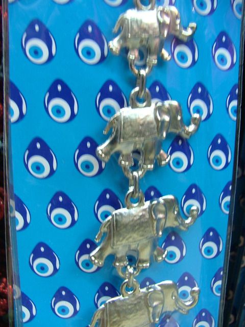 ELEPHANTS WALL HANGING, ZAMAK, TURKISH / GREEK GLASS EVIL EYE WORRY 