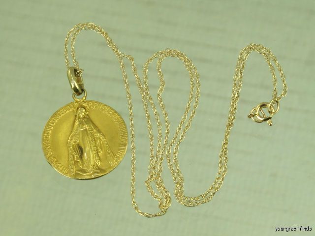 VINTAGE MEXICAN 14K YELLOW GOLD VIRGIN MARY MEDALLION PENDANT & CHAIN 