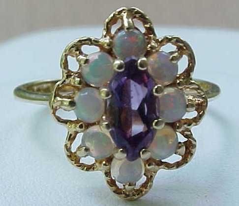 14K Solid Yellow Gold Genuine Opal Amethyst Ring Sz 6.5  