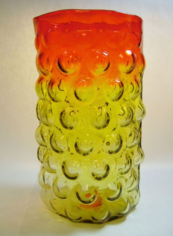 VINTAGE BLENKO VINEYARD SERIES YELLOW RED AMBERINA HOBNAIL HAND BLOWN 