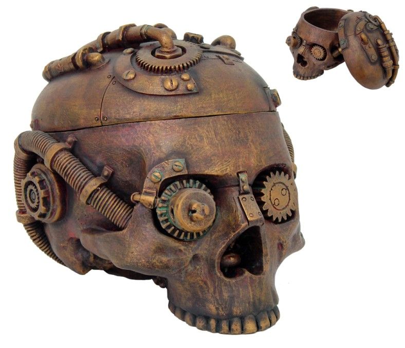 STEAMPUNK ANTIQUE SKULL JEWELRY BOX VINTAGE STATUE COOL  