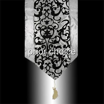   GREY TAFFETA BLACK FLOCK FLOWERS DECORATIVE TASSEL TABLE RUNNER CLOTH