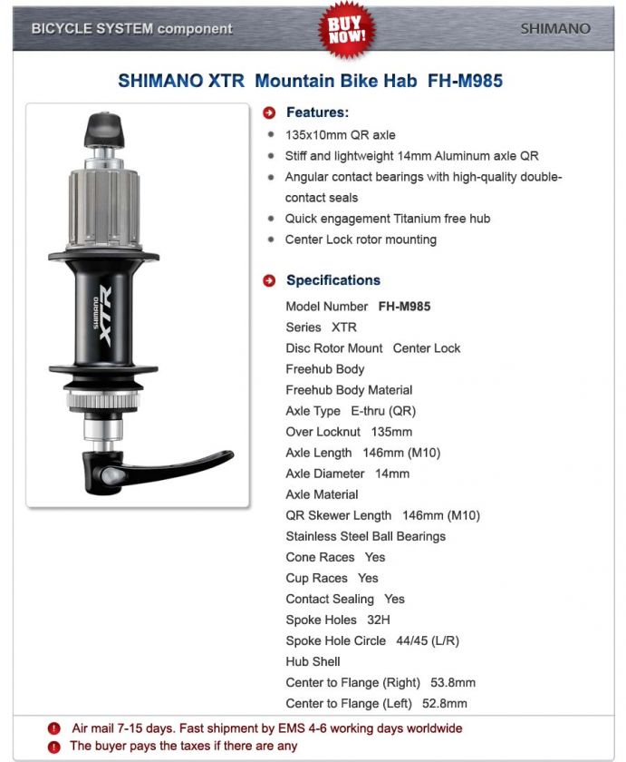 SHIMANO XTR Mountain Bike Rear Hub M985 Mount Bicycle  