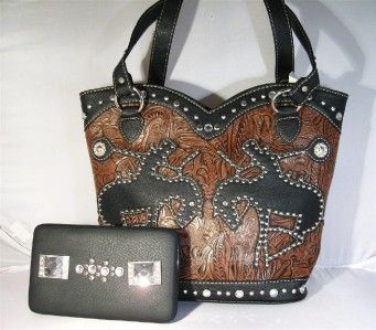 Brown and Black Bronco Horses Rodeo Western Boot Cowgirl Handbag Purse 