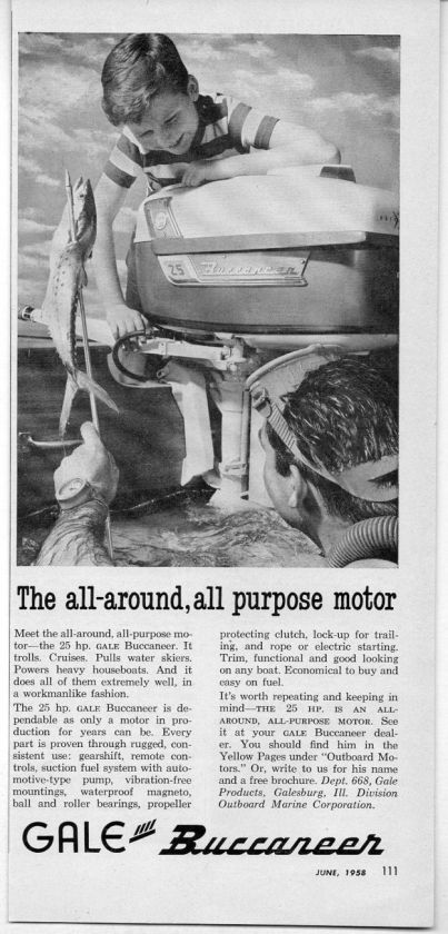 Original 1958 Vintage Ad Gale Buccaneer 25 HP Outboard Motors Spear 