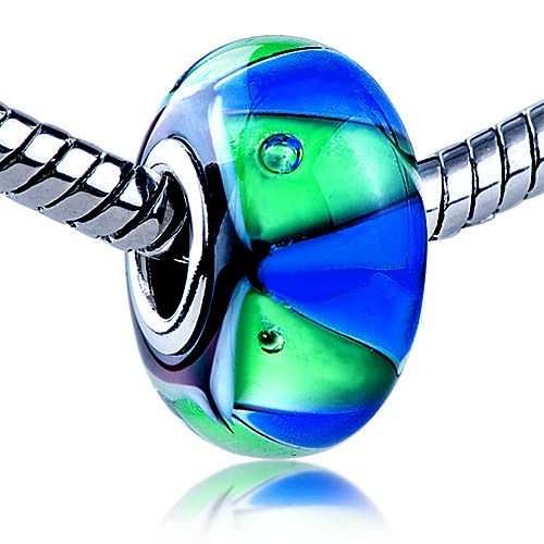 PUGSTER® BEAD CLASSIC BLUE GREEN ZIGZAG MURANO GLASS CHARM FOR 