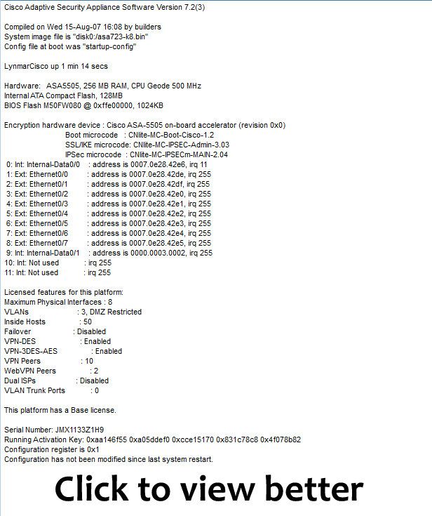 Cisco ASA5505 50 BUN K9 50 user VPN / Firewall SNZ1H9 882658273667 