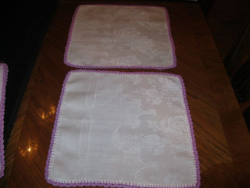 EIGHT VINTAGE CROCHET TRIM DAMASK NAPKINS 12 X 12 1/2  