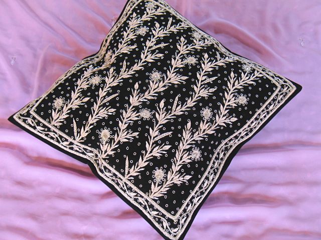 VELVET BLACK DESIGNER ZARDOZI INDIA CUSHION PILLOW SHAM  