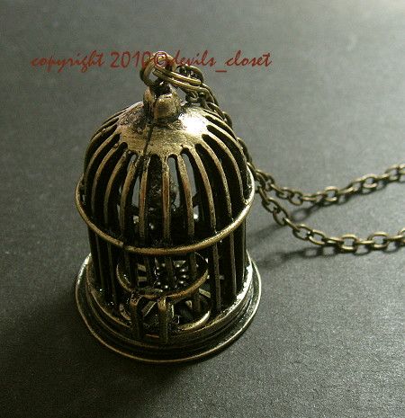 Vintage Inspired BIRD in CAGE Antiqued Charm Necklace  