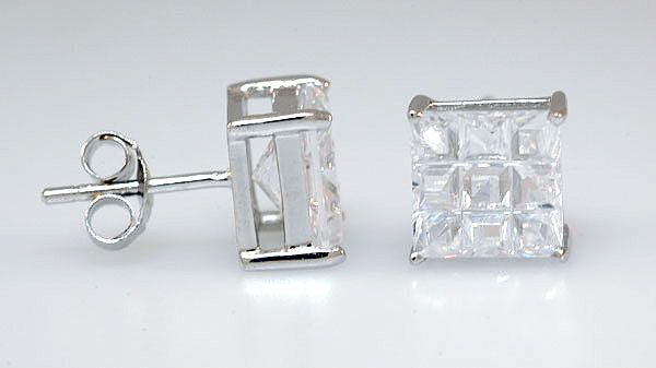 Square Invisible Cut Basket Men Stud Earrings Sterling Silver Nickle 