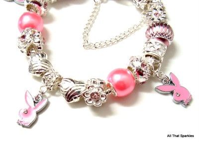 Pink Play Boy Bunny Charms Crystal European Bead Charm Bracelet  