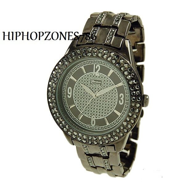 MENS ICED OUT HIP HOP GENEVA PLATINUM HEMATITE BLACK WATCH FULLY CZ 