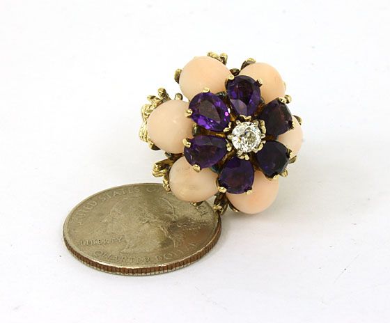 GORGEOUS VINTAGE 14K GOLD OMC DIAMOND GEMS FLOWER RING  