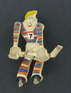 Vintage Wood Handmade Hockey Player Movable Pin Brooch  