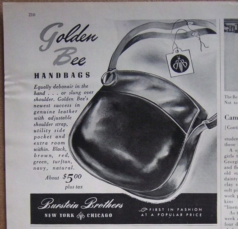 1949 Vintage Burstein Brothers Golden Bee Purse Ad  