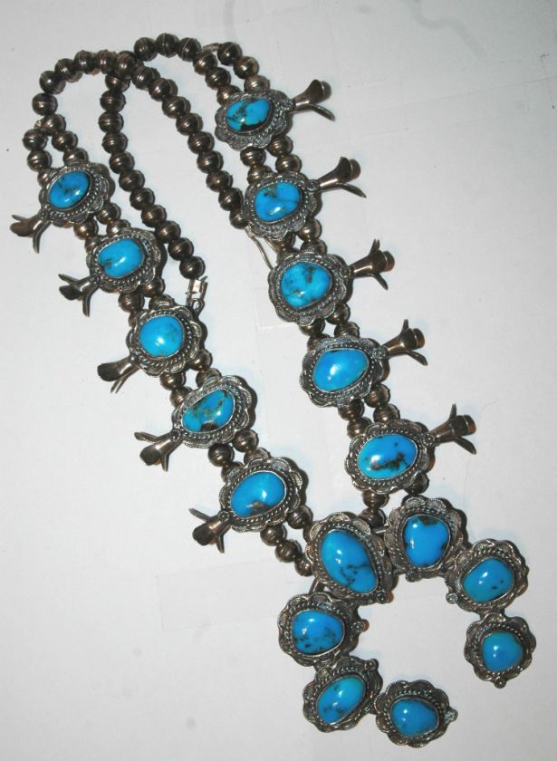   OLD NAVAJO BLUE GEM TURQUOISE SQUASH BLOSSOM NECKLACE 177 GRAMS 24L