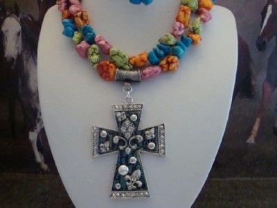 Western Rodeo Turquoise Necklace & Cross Pendant Set  